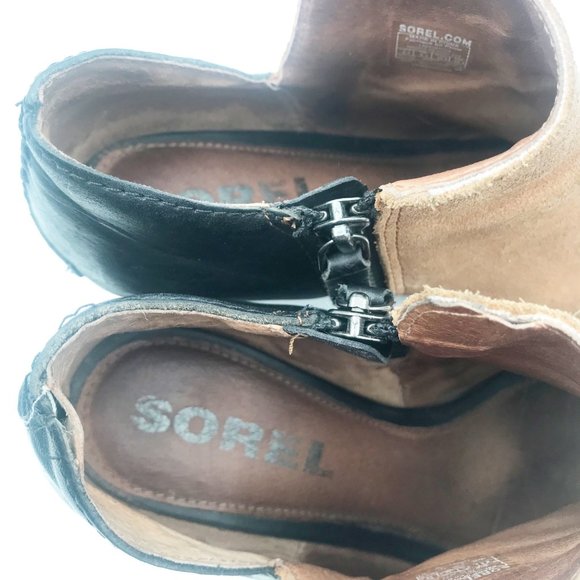 SOREL Nadia Peep Toe Suede Tan Black Block Heeled Ankle Booties Womens 8.5 - Picture 7 of 13